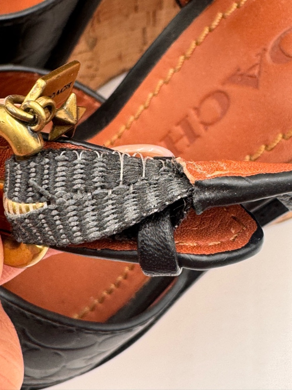 Coach Black Leather Cork Wedge Sandals with Gold Buckle - Picture 8 of 10